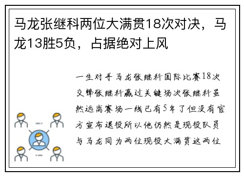 马龙张继科两位大满贯18次对决，马龙13胜5负，占据绝对上风